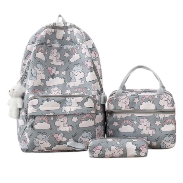 Mochila de 3pzs, impermeable, Kawaii, unicornio, gris