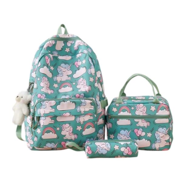 Mochila de 3pzs, impermeable, Kawaii, unicornio, verde