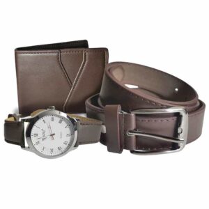 Set de reloj, billetera y cinturón cafe, reloj 42mm, números romanos