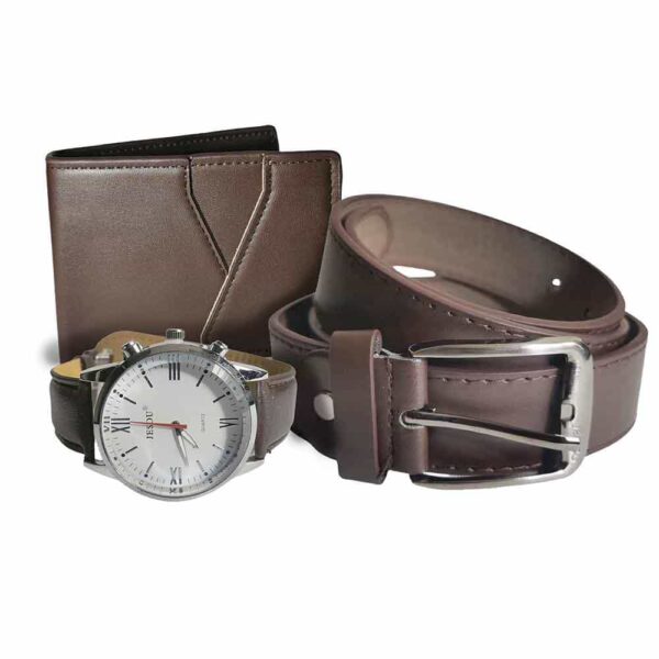 Set de reloj, billetera y cinturón cafe, reloj 42mm, números romanos big