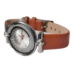 Reloj para dama carátula diamantes, plata, camel