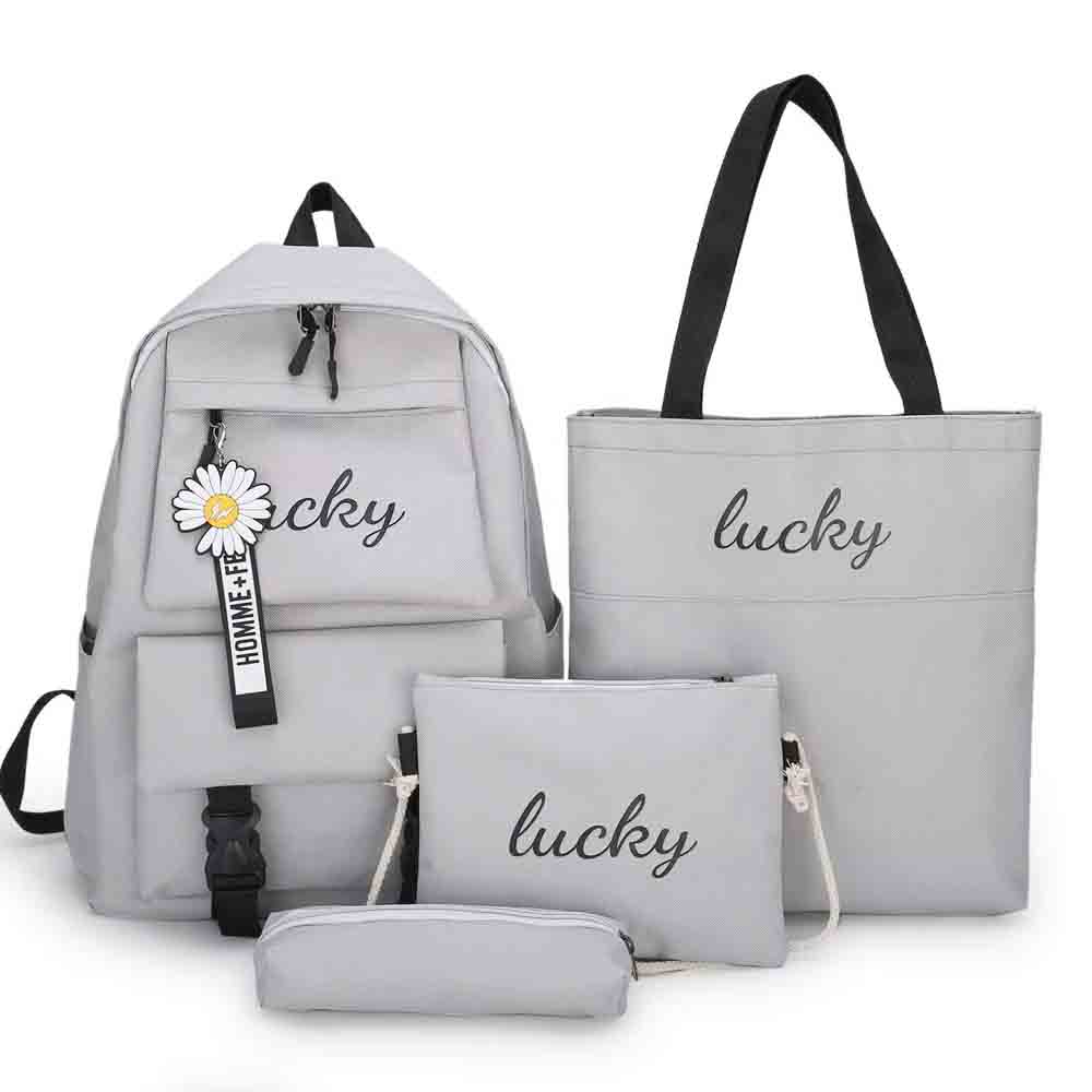 Mochila de 4 pzs, Kawaii, Lucky, gris
